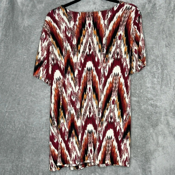 Susan Lawrence 2X Shirt Top Maroon Red Abstract Short Sleeve V Neck Stretch - Picture 4 of 6